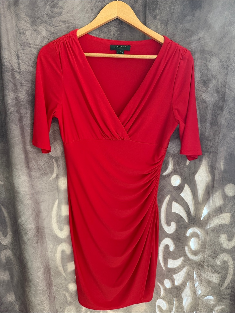Lauren Ralph Lauren Red Faux-Wrap Ruched Midi Dress